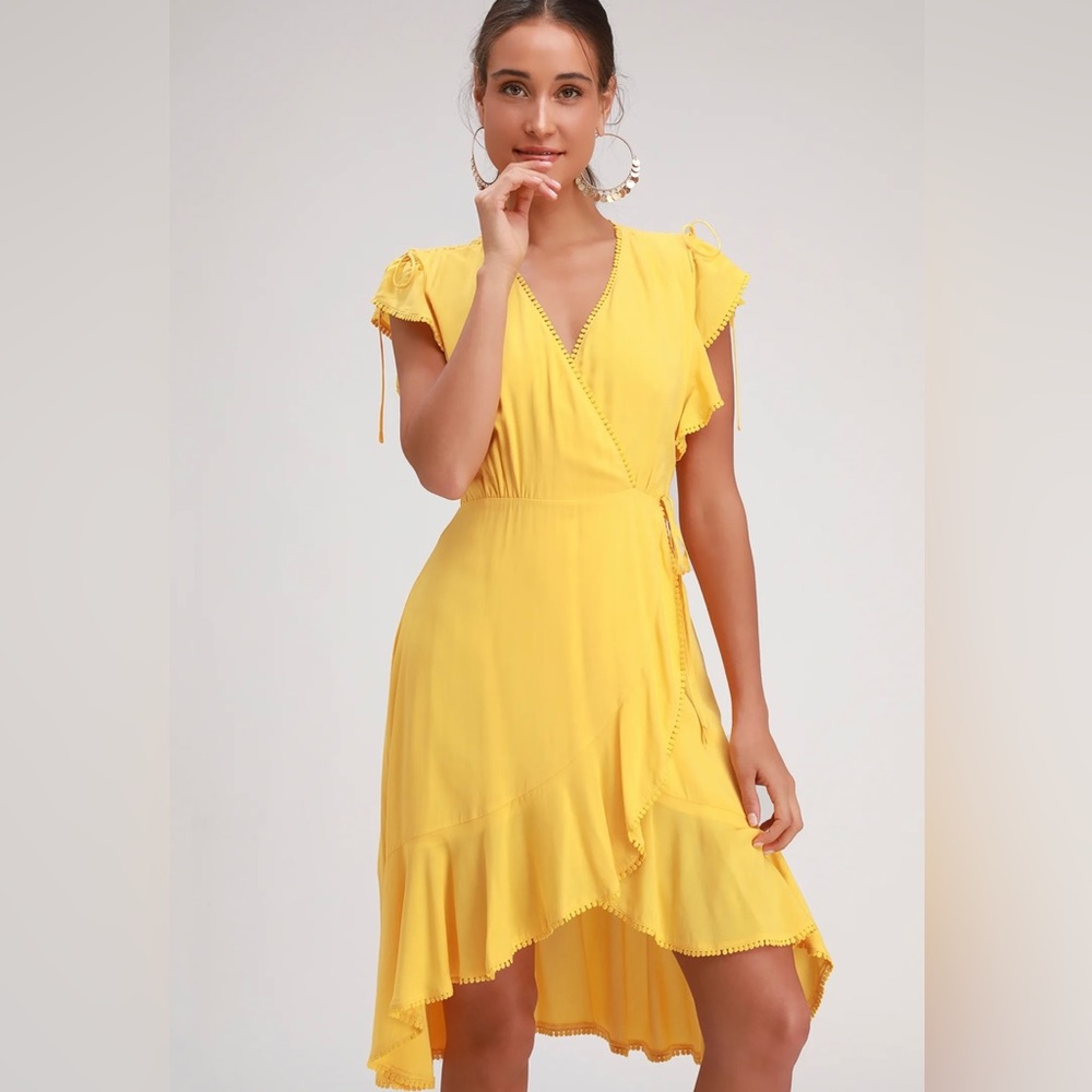 Lulus Adeleine Bright Yellow Wrap Midi Dress